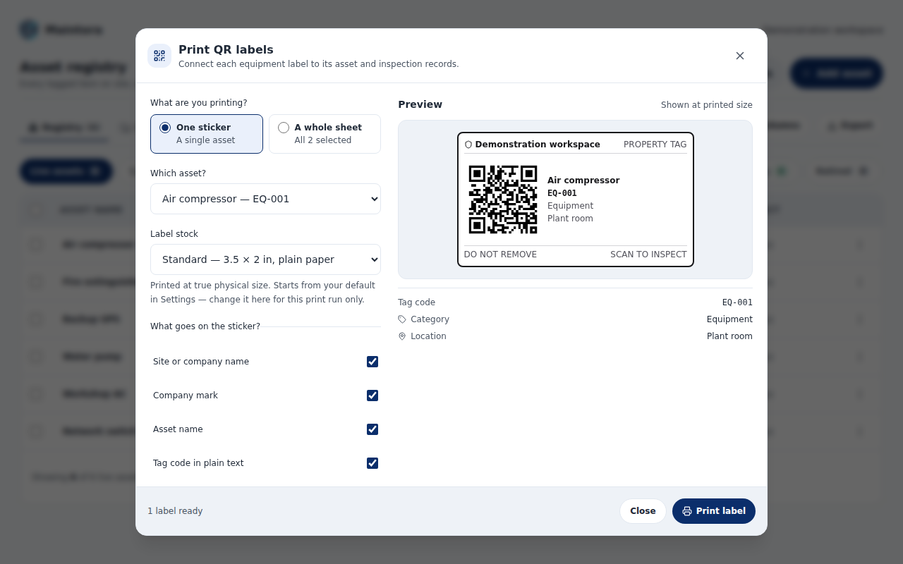 Maintora QR label printing dialog for fictional demonstration equipment.