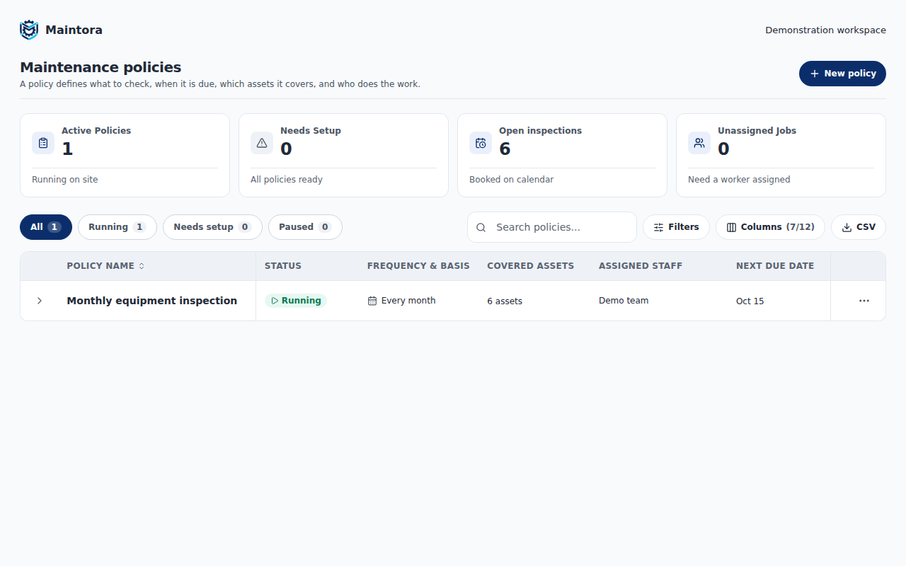 Maintora maintenance policies screen showing fictional recurring equipment checks.
